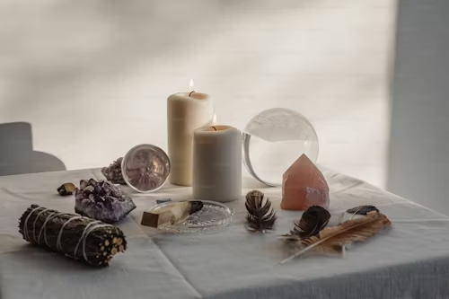 Shamanic altar with healing crystals and herbs for spiritual balance. Shaman in New York