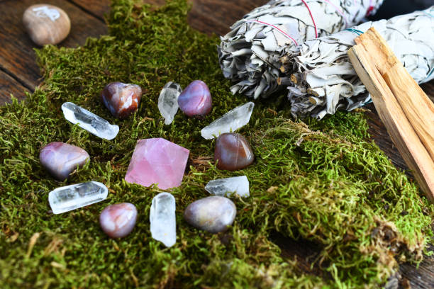 Crystal Stones in a Circle and Sage for Protection Spells