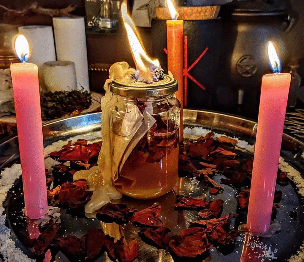 Attraction Spells 6 Love attraction spell circle with red string and candle