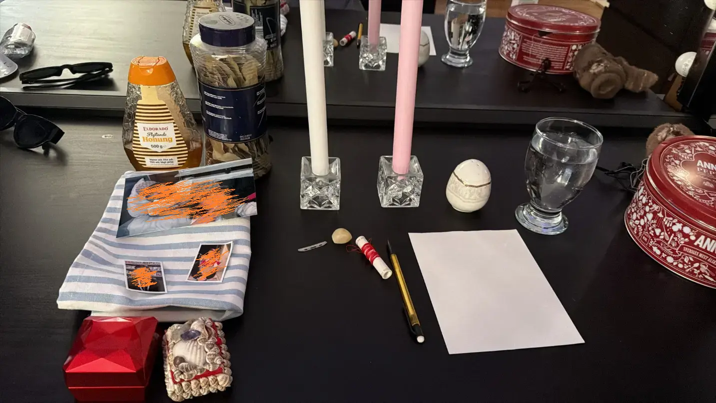 Reconciliation spell setup with white and pink candles honey and intention papers