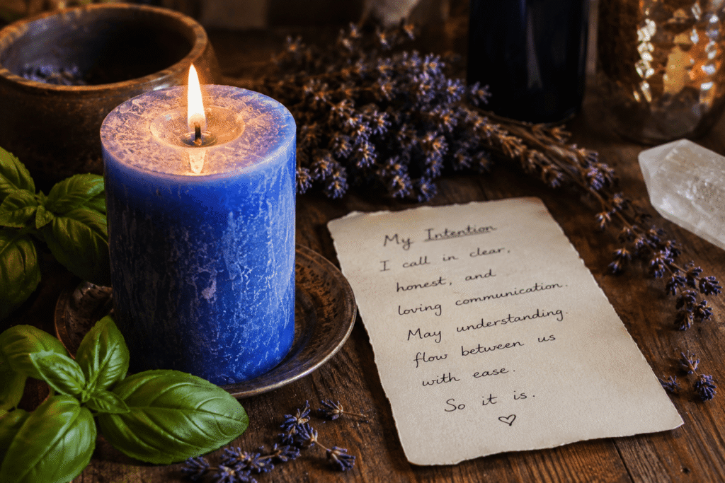 Blue candle communication spell setup with herbs and written intention for clarity and open conversation
