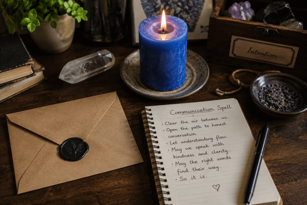 Communication spell for no contact situations featuring a sealed letter, blue candle, and symbolic communication tools
