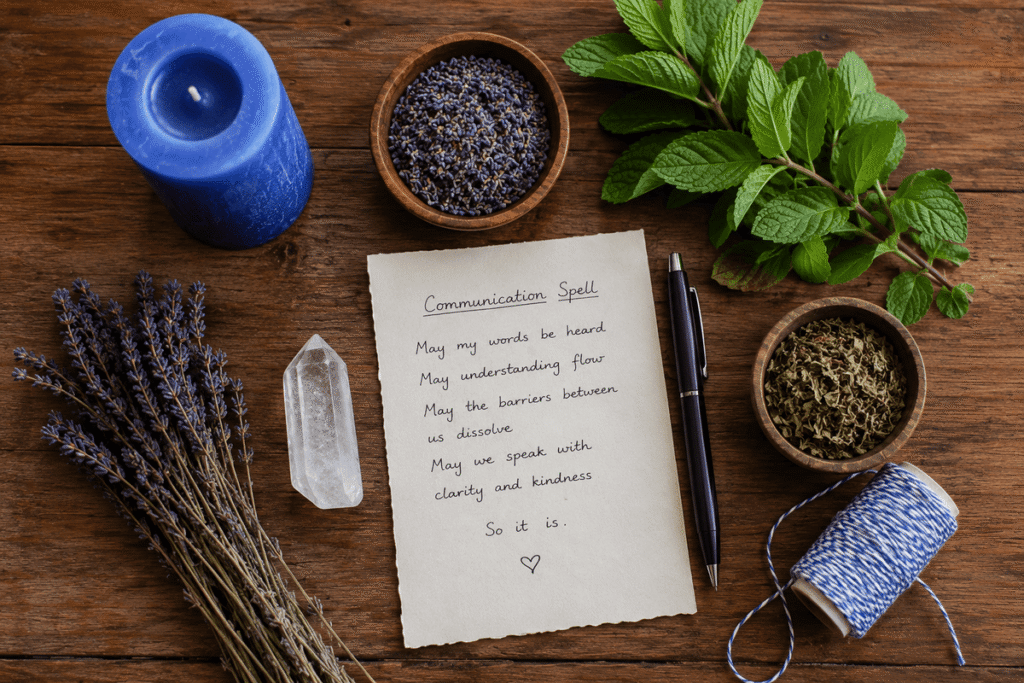 Flat lay photography of communication spell ingredients arranged neatly on wooden surface, blue candle, dried lavender, fresh mint leaves, clear quartz crystal, petition paper, natural lighting, clean composition, realistic product photography