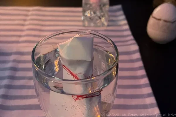 Return lost love spell traditional altar with pink candle and water