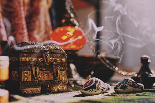Love spell altar with saffron, rose petals, parchment in Istanbul