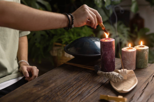 Powerful Spell Caster Powerful spell caster performing ritual with candles and crystals
