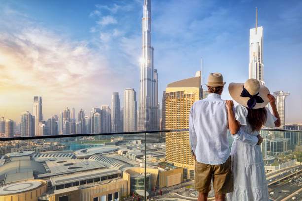 Romantic couple in Dubai skyline symbolizing love spell success