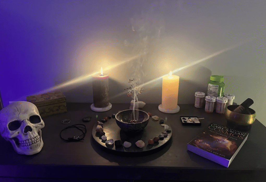 Photos of candles, roses, and altar setups in South Carolina by Batha