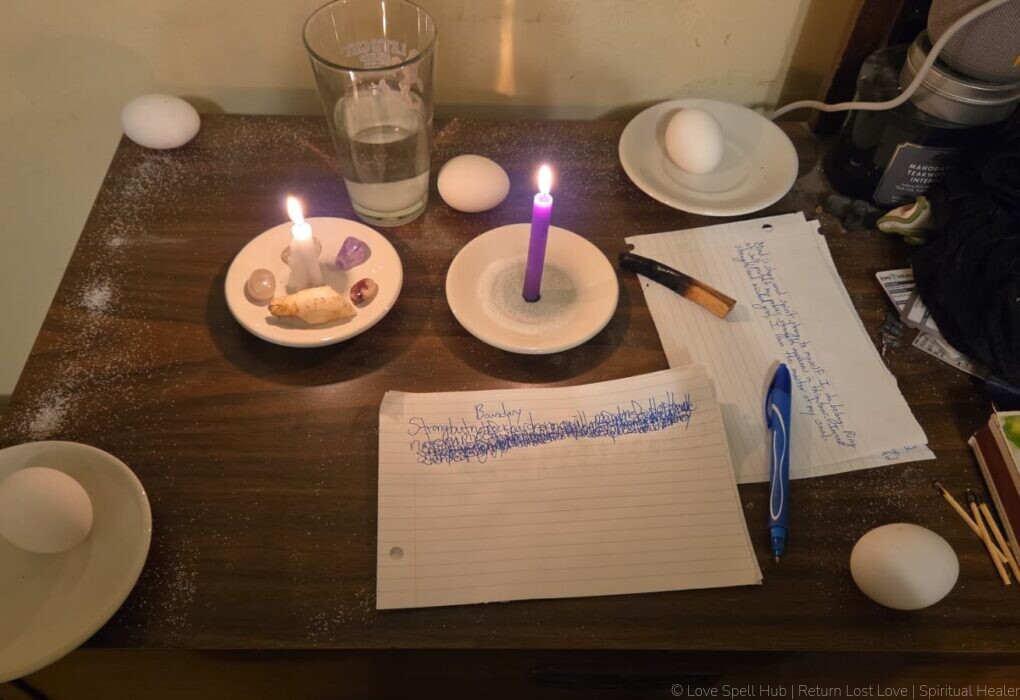 Real love spell caster Batha's altar with candles, crystals, eggs, salt circle and petition