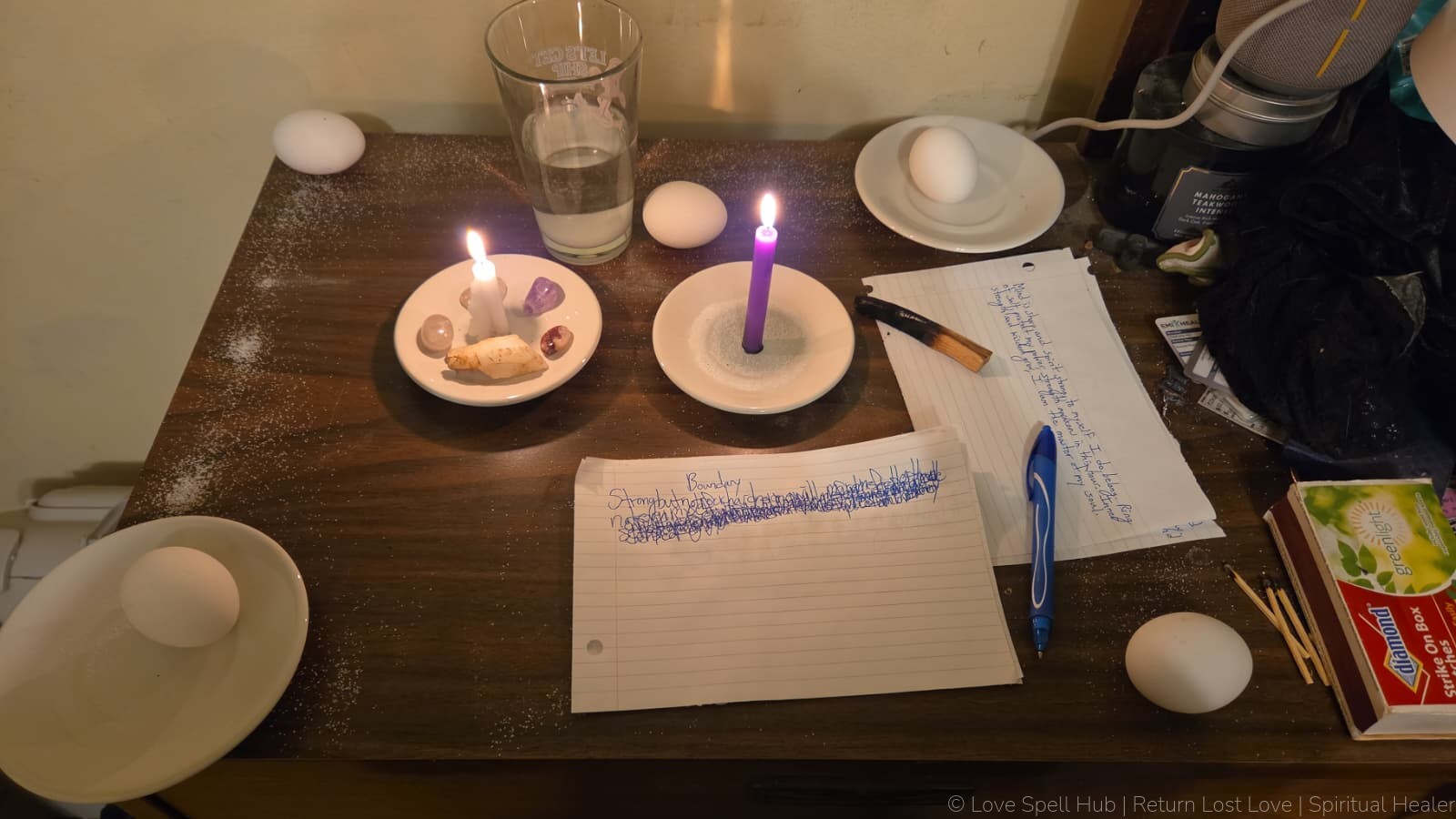 Real love spell caster Batha's altar with candles, crystals, eggs, salt circle and petition