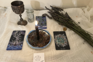 Freezer spells jar with herbs and candles