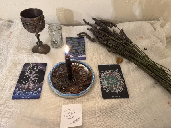 Freezer spells jar with herbs and candles