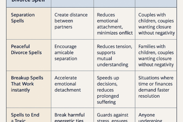 Infographic explaining types of strong divorce spells that actually work with separation and breakup spell tips