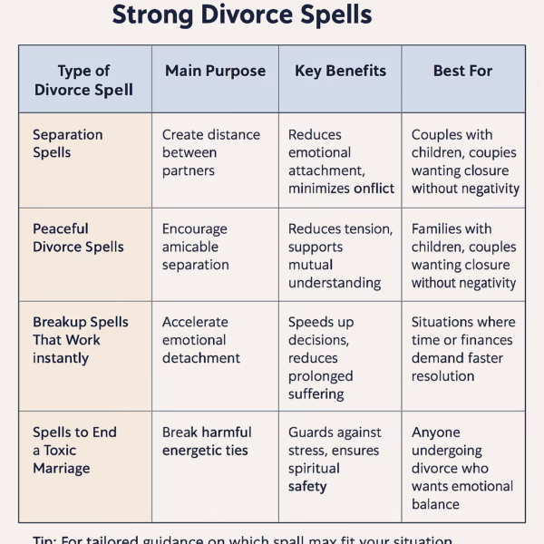 Strong Divorce Spells That Actually Work 1 Infographic explaining types of strong divorce spells that actually work with separation and breakup spell tips