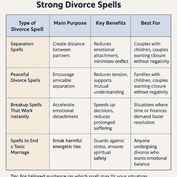 Strong Divorce Spells That Actually Work 1 Infographic explaining types of strong divorce spells that actually work with separation and breakup spell tips