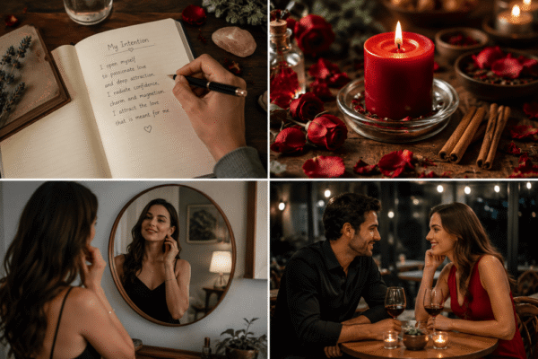 Four-phase lust spell ritual showing intention setting, red candle ritual, attraction energy, and romantic connection in a realistic spiritual practice setting