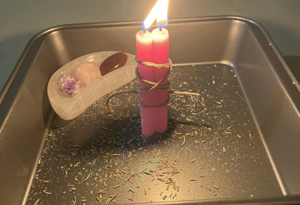 Return Lost Love Spell in Texas ritual with red candle and rose quartz