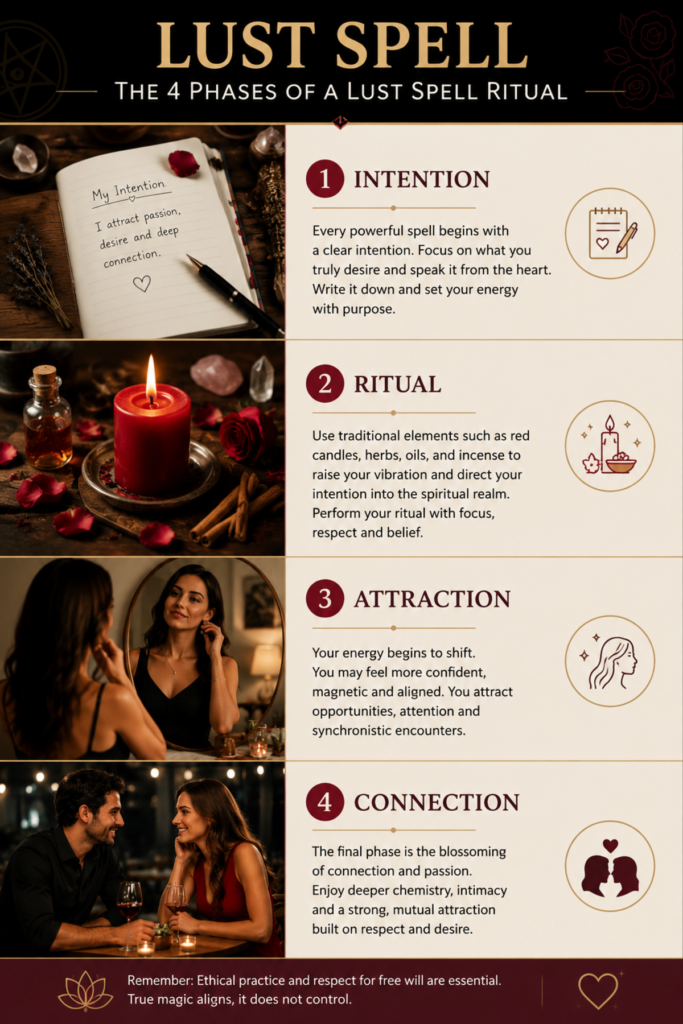 Infographic showing the four phases of a lust spell ritual including intention setting, red candle ritual, attraction energy, and romantic connection
