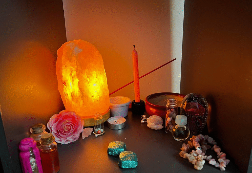 Love spells witchcraft ritual with candles and roses