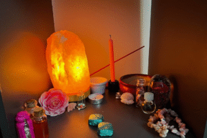 Love spells witchcraft ritual with candles and roses