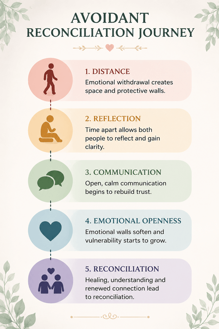 Reconciliation Spell For Avoidant Partner: When Distance Doesn't Mean They Stopped Caring 3 Infographic showing the stages of avoidant reconciliation from distance to communication and emotional openness.