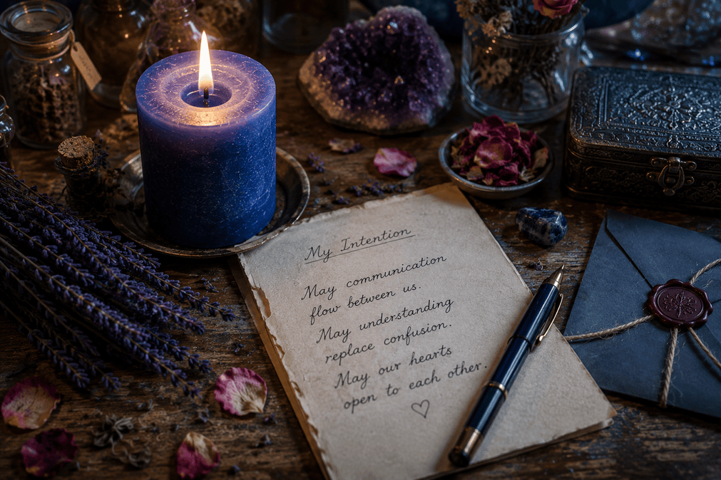 Reconciliation Spell For Avoidant Partner: When Distance Doesn't Mean They Stopped Caring 4 Blue candle and handwritten letter used in a communication-focused reconciliation ritual.