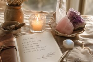 Domination love spell ritual with red candle, petition paper, and rose petals