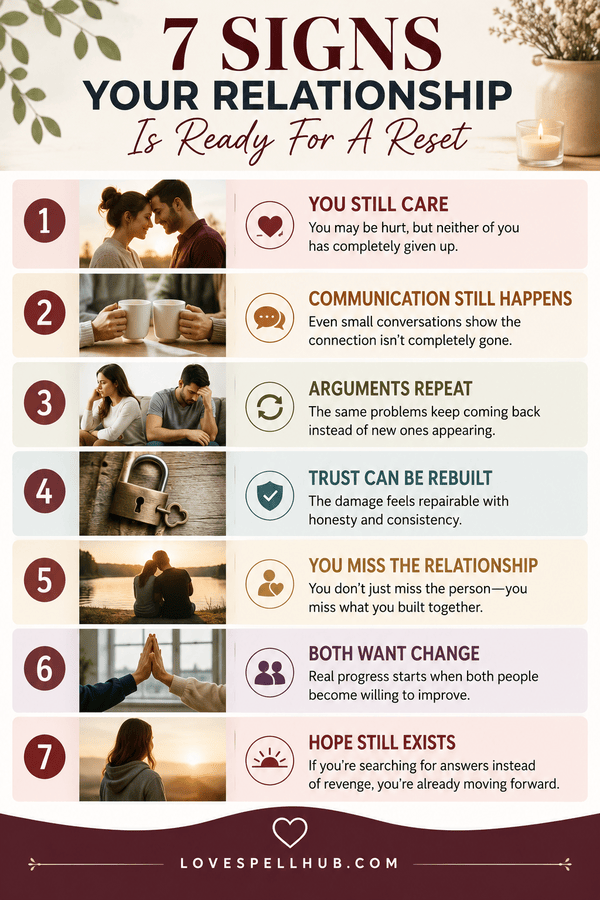 Infographic showing seven signs a relationship is ready for a relationship reset spell