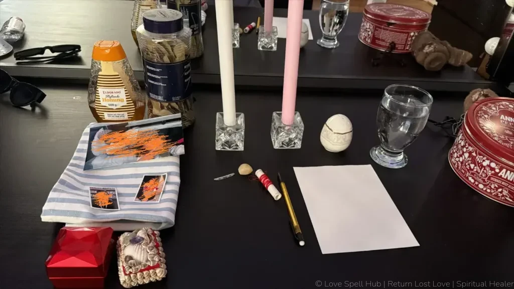 A traditional shrine altar setup with pink and white candles used for commitment spells