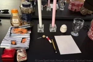 A traditional shrine altar setup with pink and white candles used for commitment spells