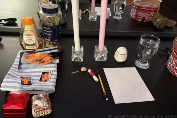 A traditional shrine altar setup with pink and white candles used for commitment spells