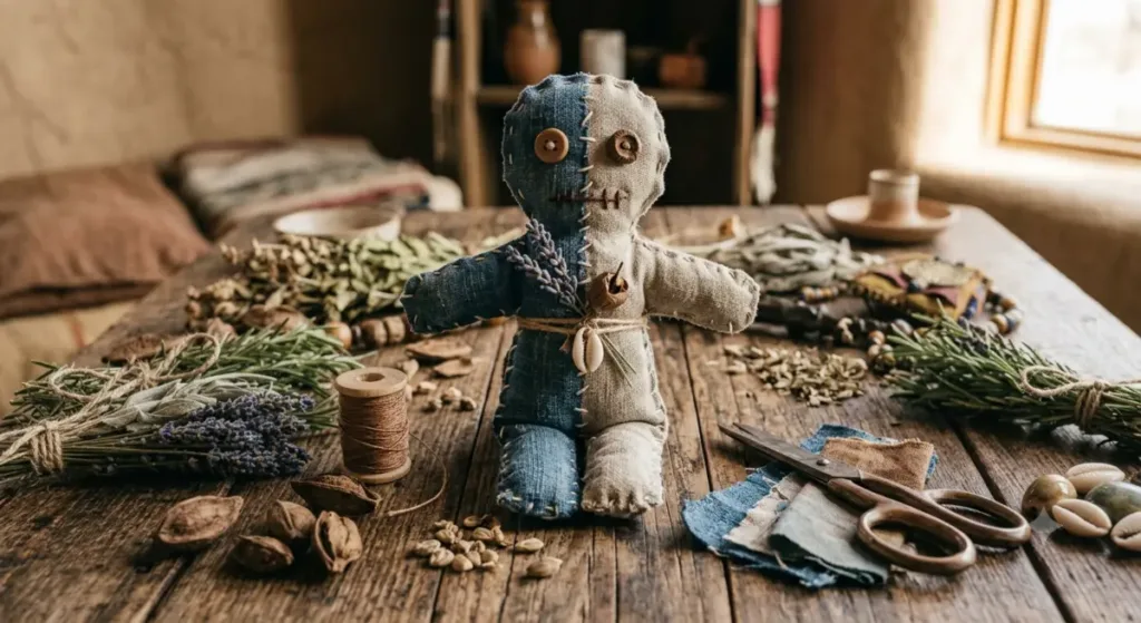 Traditional handmade Voodoo doll used in spiritual folklore