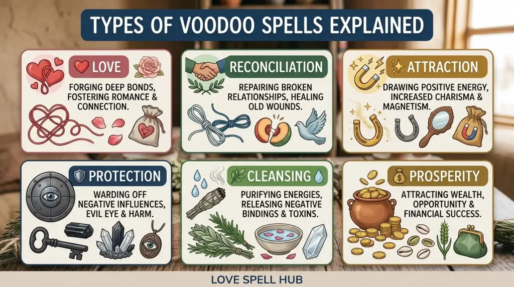 Infographic explaining different types of Voodoo spells