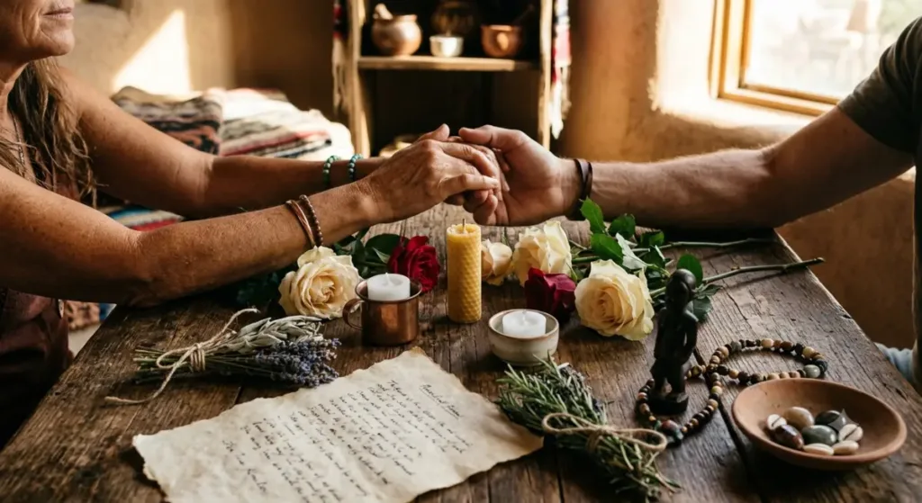 Couple using Voodoo love spell ritual for reconciliation and romance