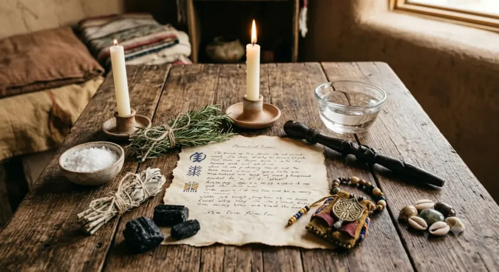 Traditional Voodoo protection ritual using candles and herbs
