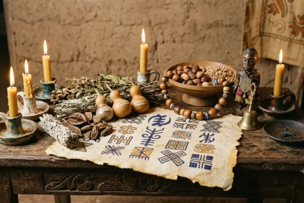 Traditional Voodoo spells altar with candles, herbs and spiritual tools