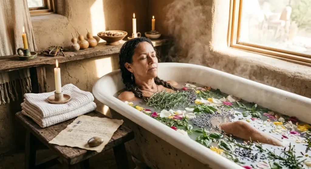 Traditional spiritual cleansing bath with herbs used in Voodoo practices