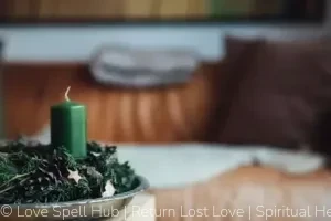 Dream job spell with a green candle, written career intention, and symbolic ritual items